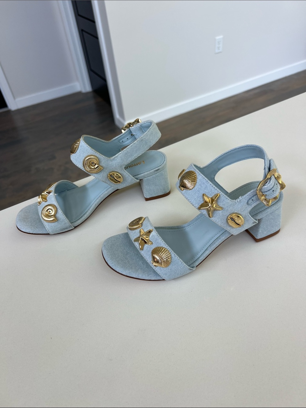 Larroude madison block light blue denim maya heels open toe sandals gold 6 - Picture 13 of 16